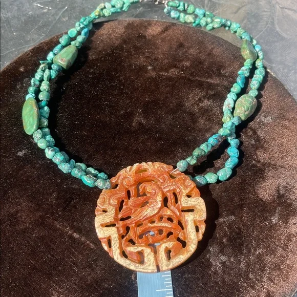 Handcrafted Turquoise and Orange Pendant Necklace - Picture 4 of 11